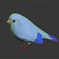 Low poly light blue bird with yellow beak and tail on gray background showing reflection
