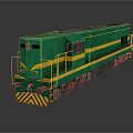 Green Diesel Locomotive With Yellow Stripes And Black Warning Stripes On Reflective Surface