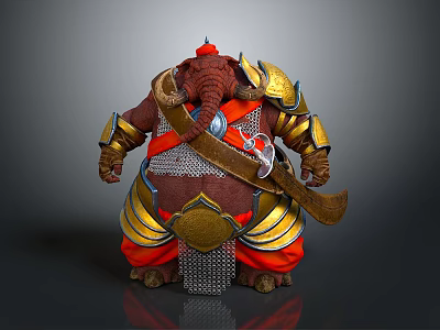 Elephant Warrior Game Movie Character Wearing Golden Armor Red Hat With Sword At Waist 3d model