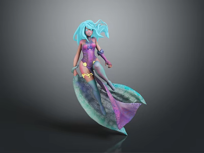Blue Haired Fantasy Character In Flowing Purple And Turquoise Dress With Elegant Pose And Graceful Hair 3d model