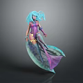 Blue Haired Fantasy Character In Flowing Purple And Turquoise Dress With Elegant Pose And Graceful Hair