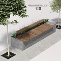 Urban Garden Decor Features With Wooden Bench Green Foliage And Trees On Slate Pavement
