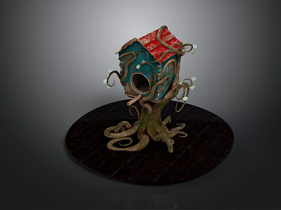 Colorful Birdhouse With Red Roof Blue Body And Twisted Branches On Dark Round Platform 3d model
