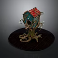 Colorful Birdhouse With Red Roof Blue Body And Twisted Branches On Dark Round Platform