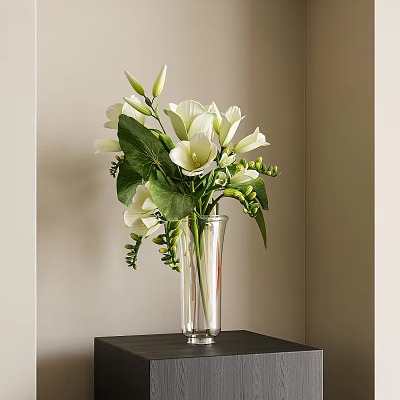 Fresh White Flowers in Transparent Vase with Green Leaves on Black Table against Light Wall 3d model