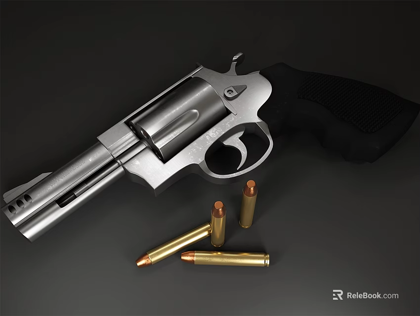 Shiny Silver Revolver With Black Textured Grip And Brass Bullets On Dark Surface 3d model 