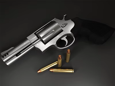 Shiny Silver Revolver With Black Textured Grip And Brass Bullets On Dark Surface 3d model