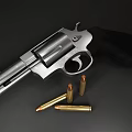 Shiny Silver Revolver With Black Textured Grip And Brass Bullets On Dark Surface