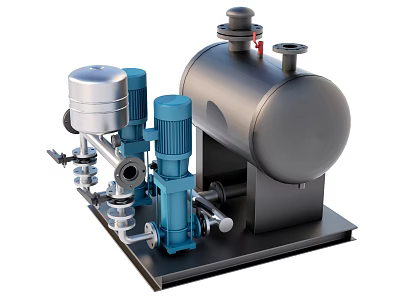 Industrial Equipment With Blue Pumps Silver Pressure Tank And Metal Pipes On Base 3d model