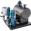 Industrial Equipment With Blue Pumps Silver Pressure Tank And Metal Pipes On Base