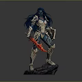 Warrior Woman Statue With Blue Hair Armor Red Sword And Rock Base