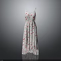 White Strawberry Pattern Spaghetti Strap Long Dress With Ruffled Hem And Casual Style