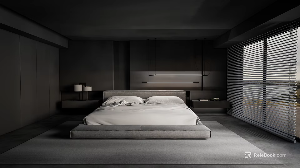 Modern Minimalist Bedroom Black And Gray Interior With Large Bed Pendant Lights Nightstands And Blinds 3d model 
