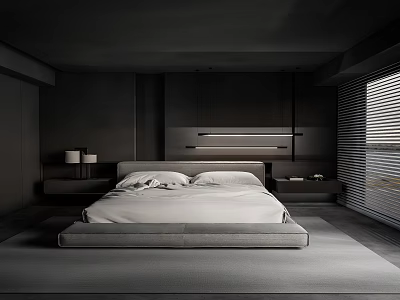 Modern Minimalist Bedroom Black And Gray Interior With Large Bed Pendant Lights Nightstands And Blinds 3d model