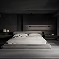 Modern Minimalist Bedroom Black And Gray Interior With Large Bed Pendant Lights Nightstands And Blinds