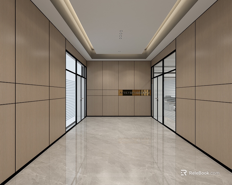 Modern Public Office Area With Wooden Walls Glass Doors Marble Flooring And Recessed Lighting Ceiling 3d model 