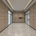 Modern Public Office Area With Wooden Walls Glass Doors Marble Flooring And Recessed Lighting Ceiling
