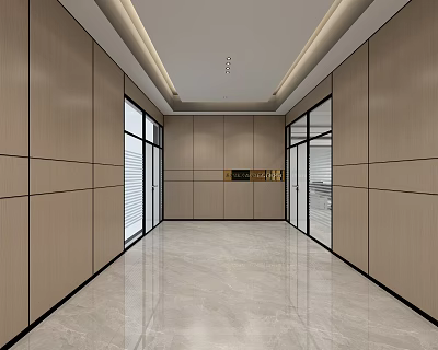 Modern Public Office Area With Wooden Walls Glass Doors Marble Flooring And Recessed Lighting Ceiling 3d model