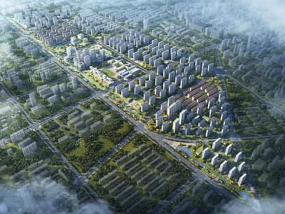 Aerial View Urban Planning With Residential Buildings Green Spaces And Road Networks 3d model