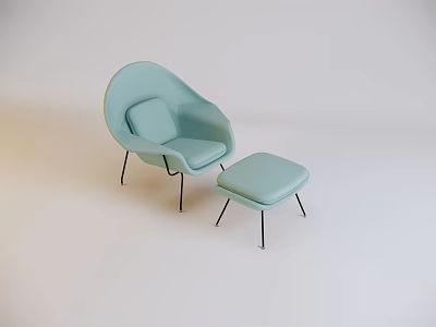 Light Blue Upholstered Lounge Chair with Matching Ottoman and Black Slim Legs Modern Design 3d model