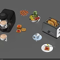 Essential Daily Living Products Including Coffee Maker Toaster Fruits Cookies Cups And Plate