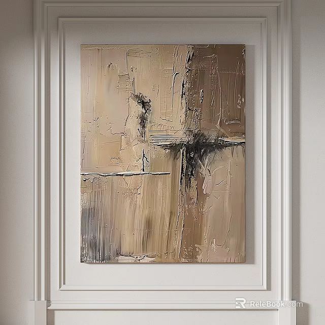 Abstract Painting With Neutral Tones Textured Brushstrokes And Geometric Lines On White Wall 3d model 