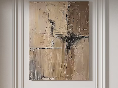 Abstract Painting With Neutral Tones Textured Brushstrokes And Geometric Lines On White Wall 3d model