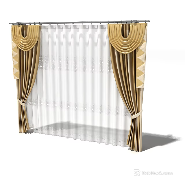 Golden And White Sheer Curtains With Decorative Pleated Design And Tied Back Details 3d model 