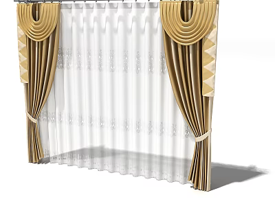 Golden And White Sheer Curtains With Decorative Pleated Design And Tied Back Details 3d model