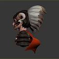 3D Character Head Model With Ram Horns Brown Hair And Red Cape Armor
