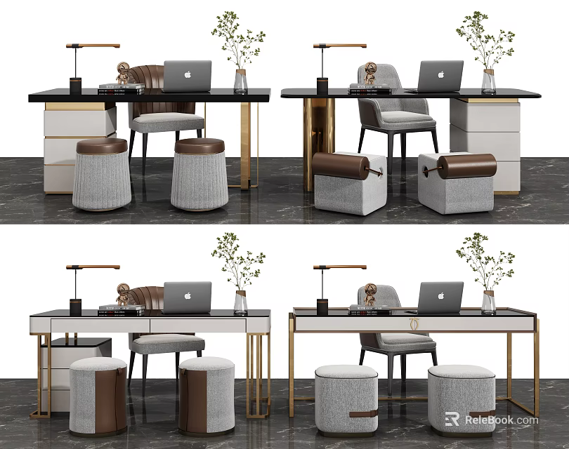 Modern Elegant Desk Design With Table Lamp Chair Potted Plant And Storage Stools 3d model 