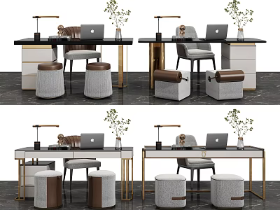 Modern Elegant Desk Design With Table Lamp Chair Potted Plant And Storage Stools 3d model