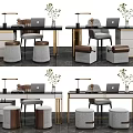 Modern Elegant Desk Design With Table Lamp Chair Potted Plant And Storage Stools