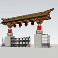 Traditional Chinese Entrance Gate Design With Curved Roof Red Pillars Stone Bases And Hanging Lanterns