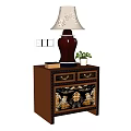 Brown Bedside Table with Floral Carved Drawers Vase Shaped Lamp and Small Potted Plant