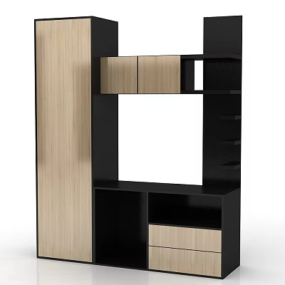 Modern TV Stand With Wooden Panels Black Frame Open Shelves And Drawers 3d model