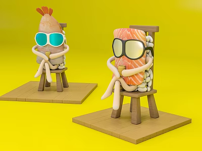 Food Inspired Game And Movie Characters Wearing Sunglasses Sitting On Wooden Chairs With Yellow Background 3d model