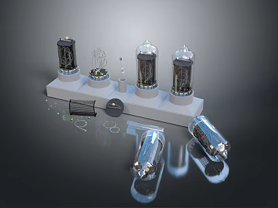 Various Vintage Vacuum Tubes Arranged On Display Base With Accessories 3d model