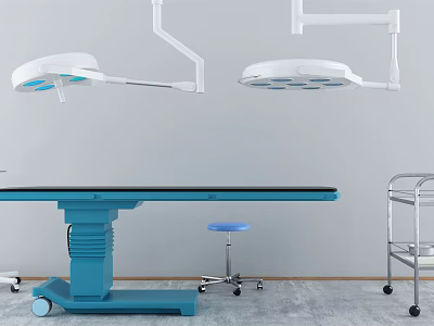 Comprehensive Surgical Medical Equipment Including Operating Table Hanging Lights and Mobile Cart 3d model