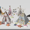 Colorful Kids Play Tents With Star Garland Cloud Shapes And Plush Toys