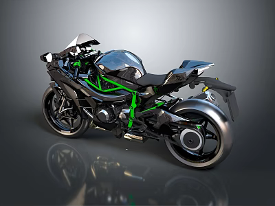 Sleek Black and Green Sport Motorcycle with Metallic Finish and Stylish Frame Design 3d model
