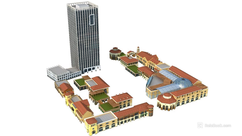 Commercial Street Design With Tall Modern Building Red Roof Structures Glass Plaza And Open Layout 3d model 