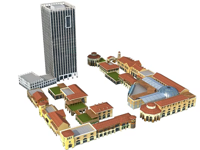 Commercial Street Design With Tall Modern Building Red Roof Structures Glass Plaza And Open Layout 3d model