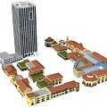 Commercial Street Design With Tall Modern Building Red Roof Structures Glass Plaza And Open Layout