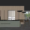 Modern Kitchen Interior with Wooden Cabinets Black Appliances Island Counter Hanging Lights and Large Windows