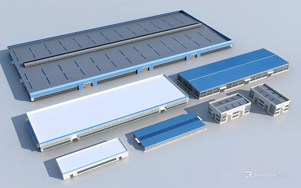 Multiple Industrial Warehouse Designs With Various Roofs And Ancillary Buildings 3d model 