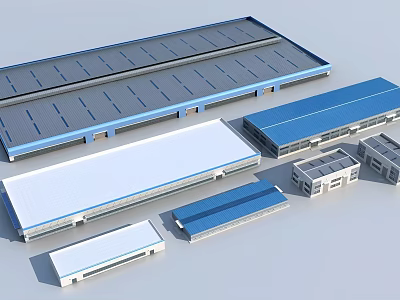 Multiple Industrial Warehouse Designs With Various Roofs And Ancillary Buildings 3d model