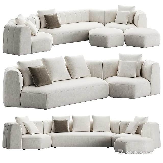 Large Modern Beige L shaped Sectional Sofa With Plush Cushions And Multiple Seats 3d model 