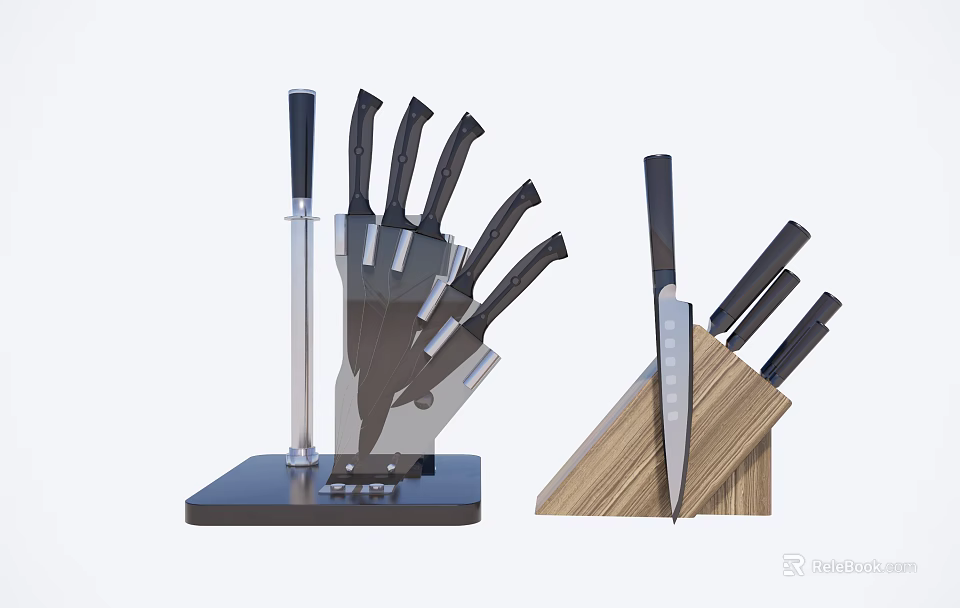 Stainless Steel Kitchen Knife Set With Wooden Block And Multiple Blade Types 3d model 