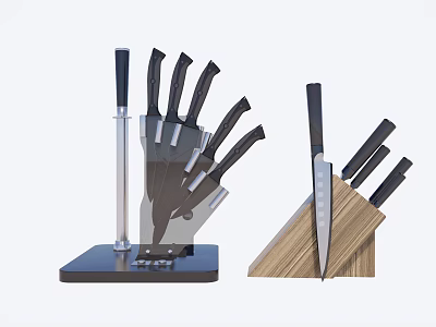 Stainless Steel Kitchen Knife Set With Wooden Block And Multiple Blade Types 3d model